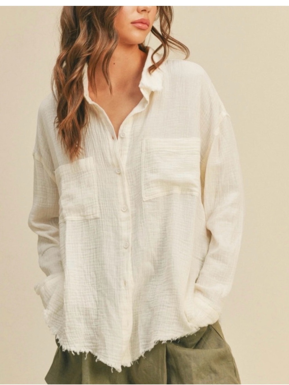 Miou Muse Effortless Cream Button-Down Gauze long sleeve Shirt raw hem